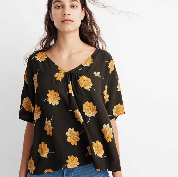 Madewell Rhyme Top Womens XXS Oversized Relaxed Green‎ Gold Floral Crepe V-Neck - Picture 1 of 7